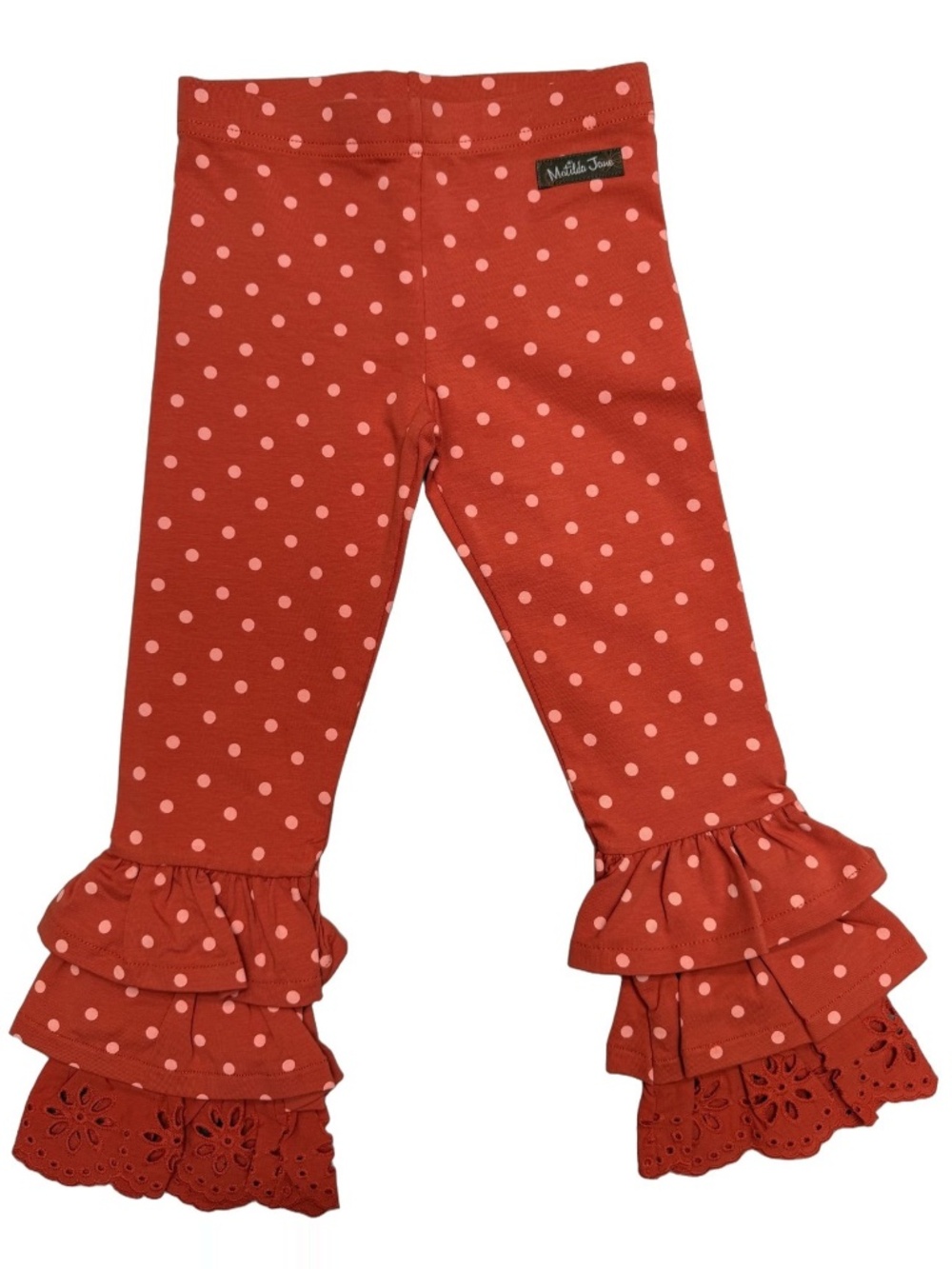 Matilda Jane Girls Leggings Size 4 Rust Polka Dot Triple Ruffle Eyelet Lace New